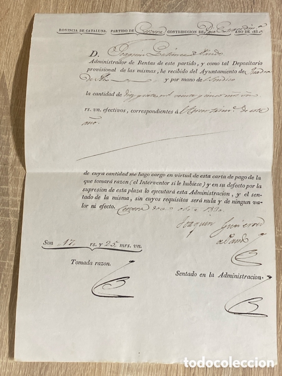 Manuscritos antiguos: Provincia Catalu&ntilde;a 1830 Carta de pago Paja Extraordinaria