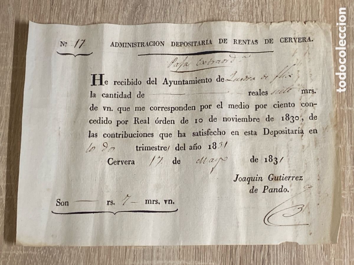 Manuscritos antiguos: Rentas Cervera 1831 recibo Paja Extraordinaria