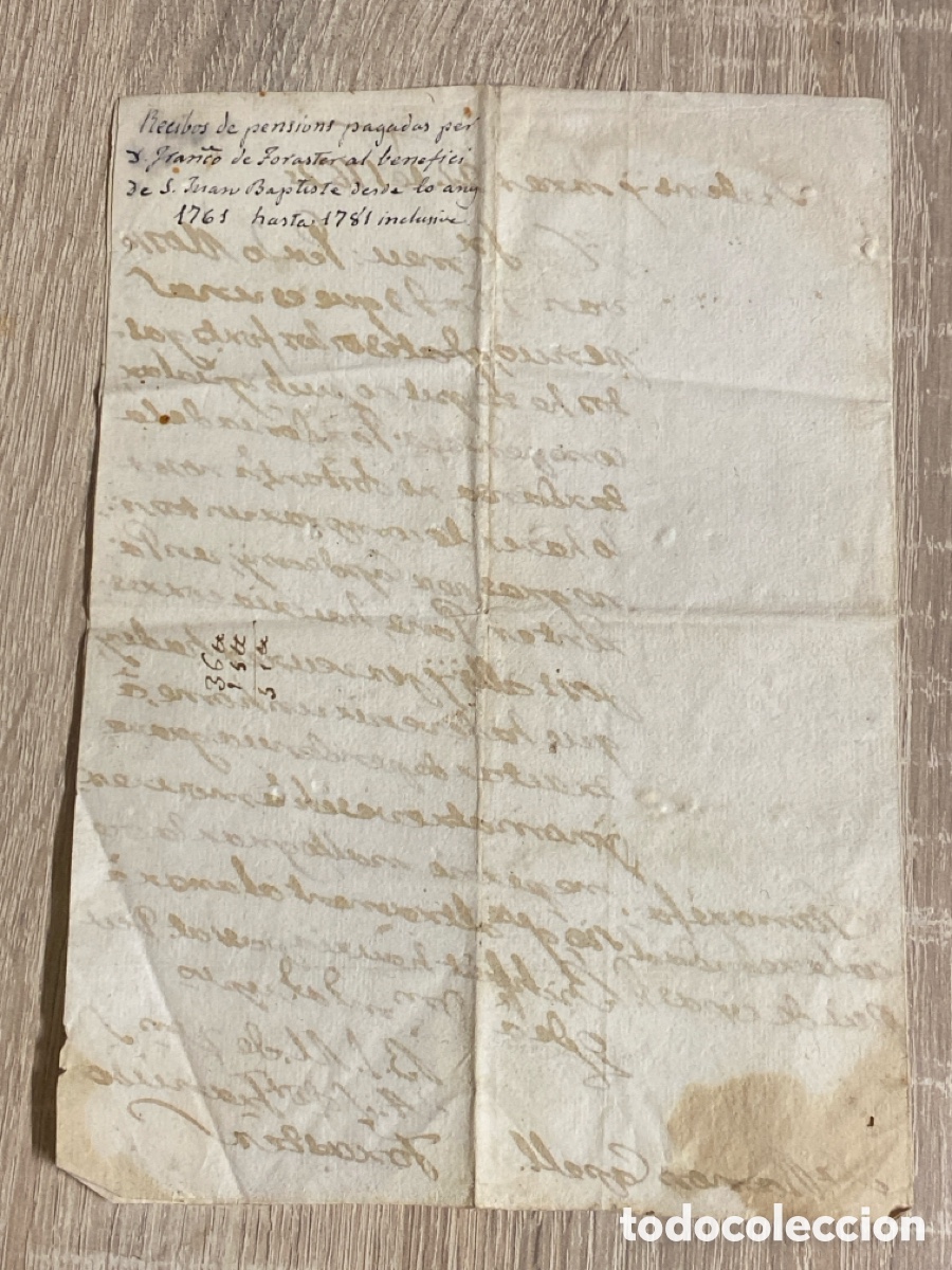 Manuscritos antiguos: Pensiones pagadas Invocaci&oacute;n de Sant Juan Bautista fundada Catedral de Solsona 1762 Barbens