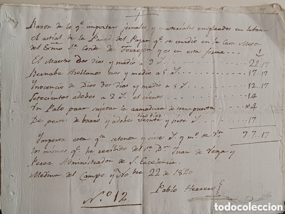 Manuscritos antiguos: MANUSCRITOS 1840-1841. LOTE 13 DOCUMENTOS Y RECIBOS GASTOS JORNALES CONDE DE TORREJ&Oacute;N.
