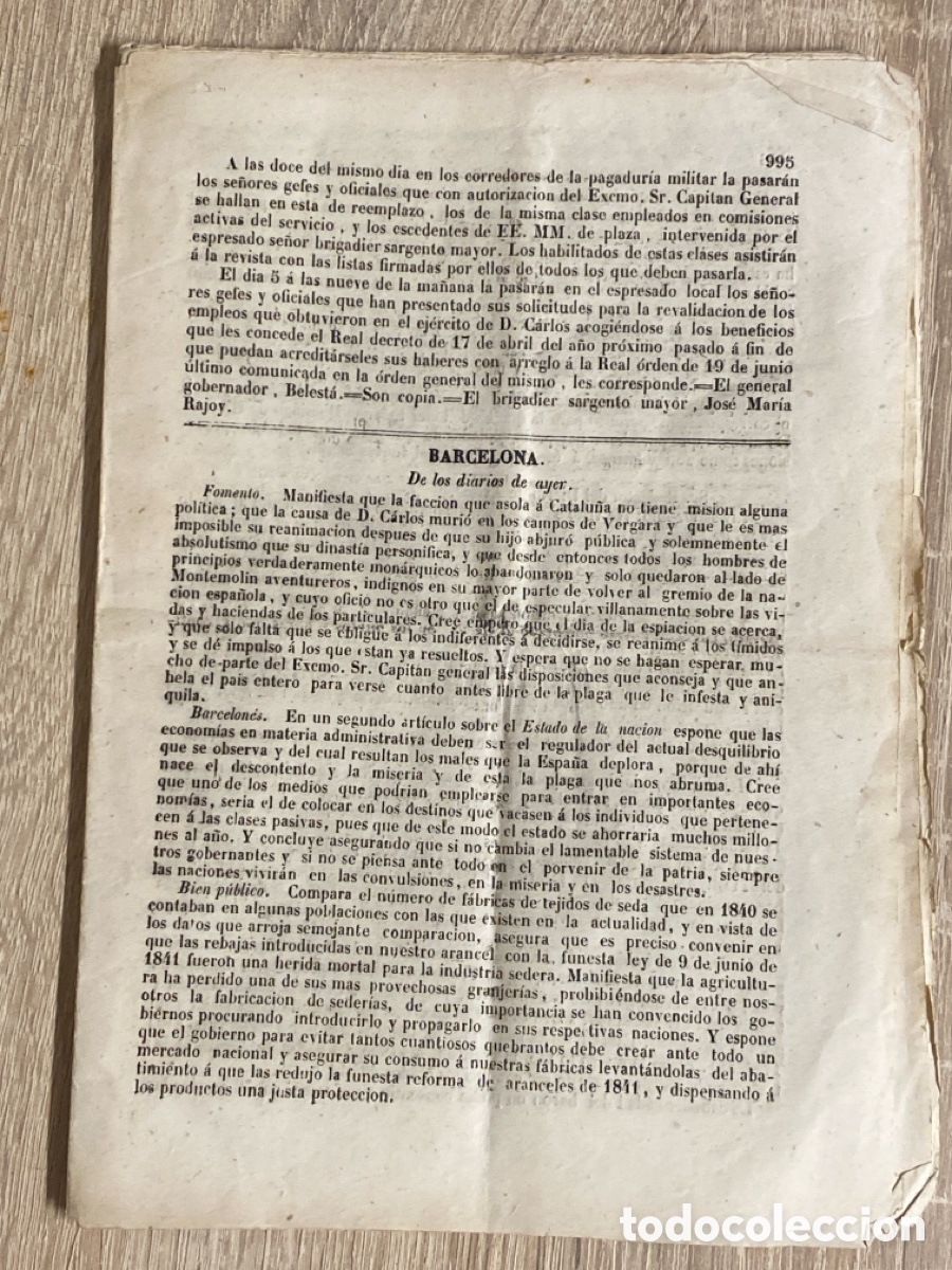 Manuscritos antiguos: 1849 - 12 p&aacute;ginas Cortes y Presupuestos de Espa&ntilde;a - diarios de hayer Sanguinario Cabrera