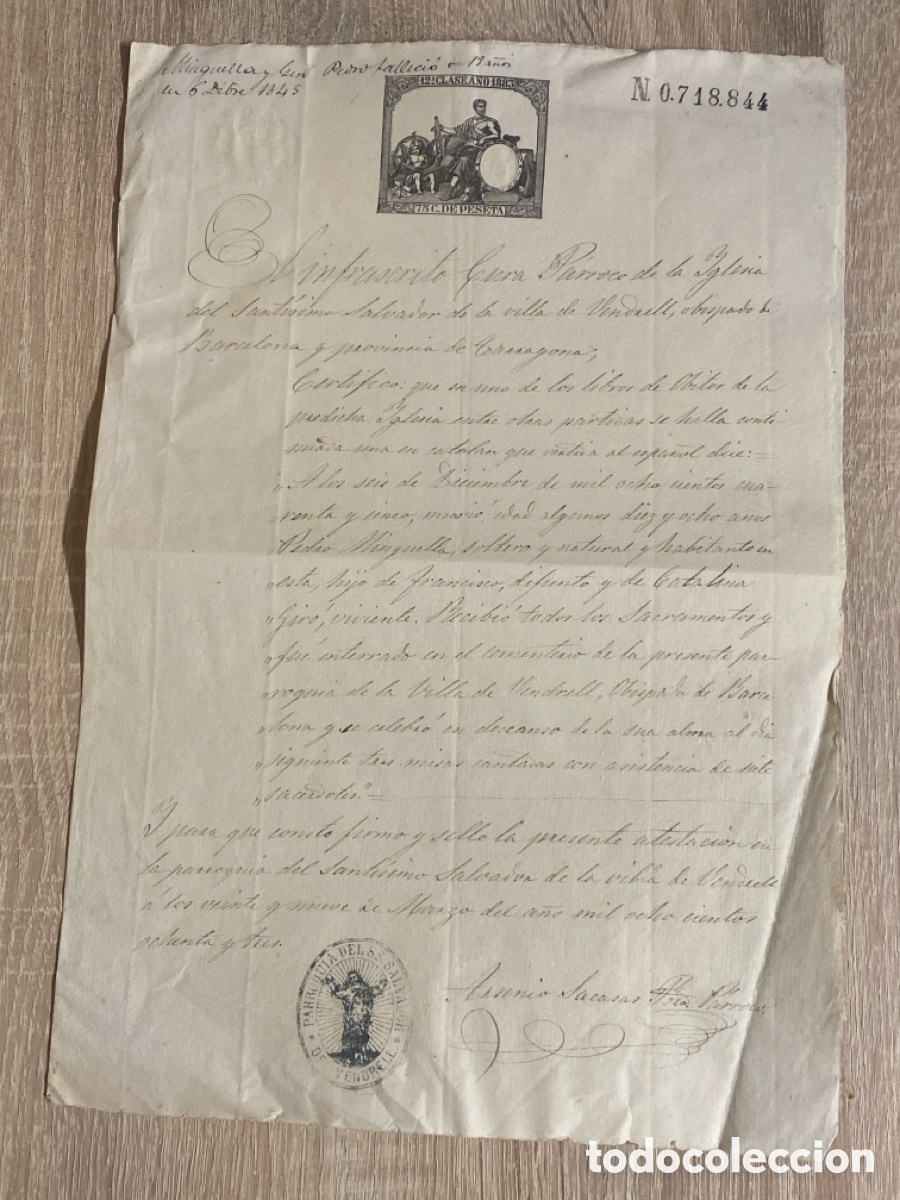 Manuscritos antiguos: Manuscrito Certificado Defunci&oacute;n 1845 firma y sello por P&aacute;rroco Sant&iacute;simo Salvador Villa Vendrell