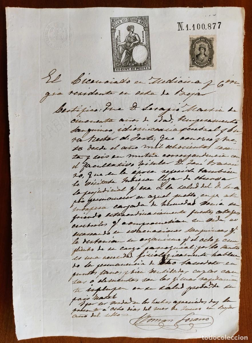 Manuscritos antiguos: B&Eacute;JAR (SALAMANCA) A&Ntilde;O 1876 - SELLO 11&ordm; 50 CENT. PESETA - CERTIFICADO M&Eacute;DICO DE UN CURA