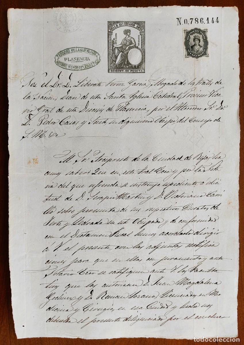 Manuscritos antiguos: B&Eacute;JAR (SALAMANCA) A&Ntilde;O 1876 - SELLO 11&ordm; 50 CENT. PESETA - NOTARIO PLASENCIA