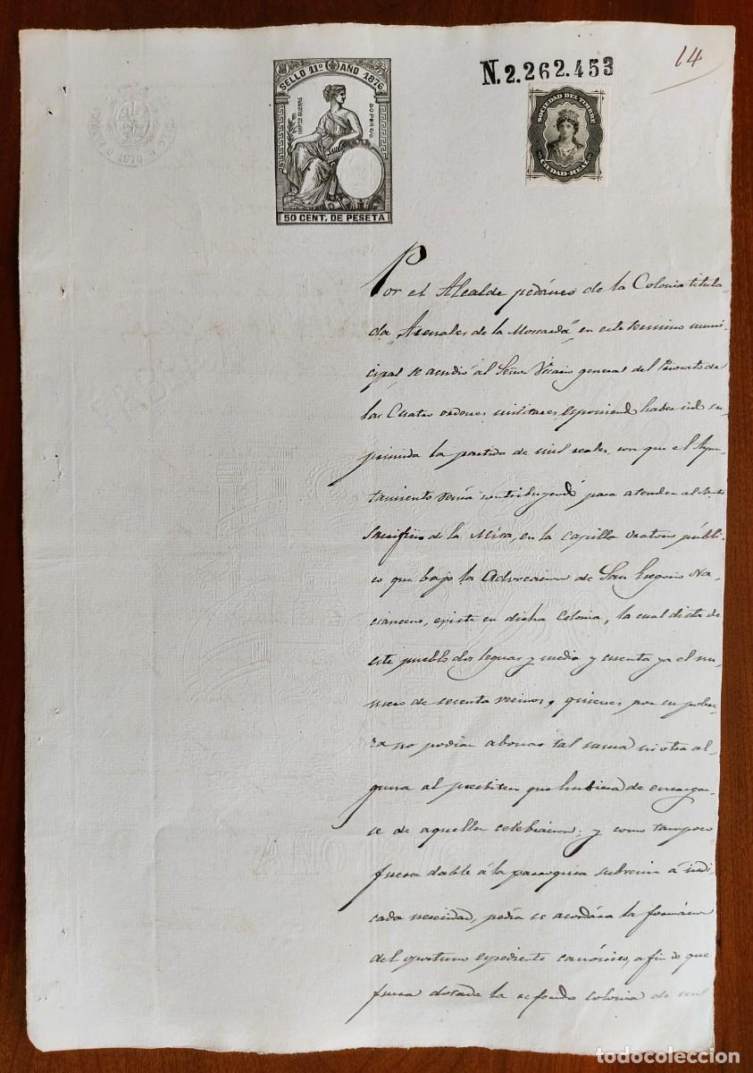 Manuscritos antiguos: COLONIA ARENALES DE LA MOSCARDA (CIUDAD REAL) A&Ntilde;O 1876 - SELLO 11&ordm; 50 CENT. PESETA - SOBRE IGLESIA