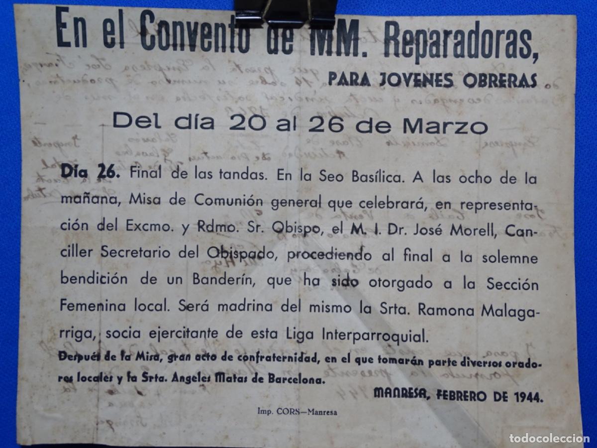 Manuscritos antiguos: CARTEL CONVENTO M.M. REPARADORAS PARA J&Oacute;VENES OBRERAS. SINDICATO VERTICAL DECLARACIONES MANRESA 1944