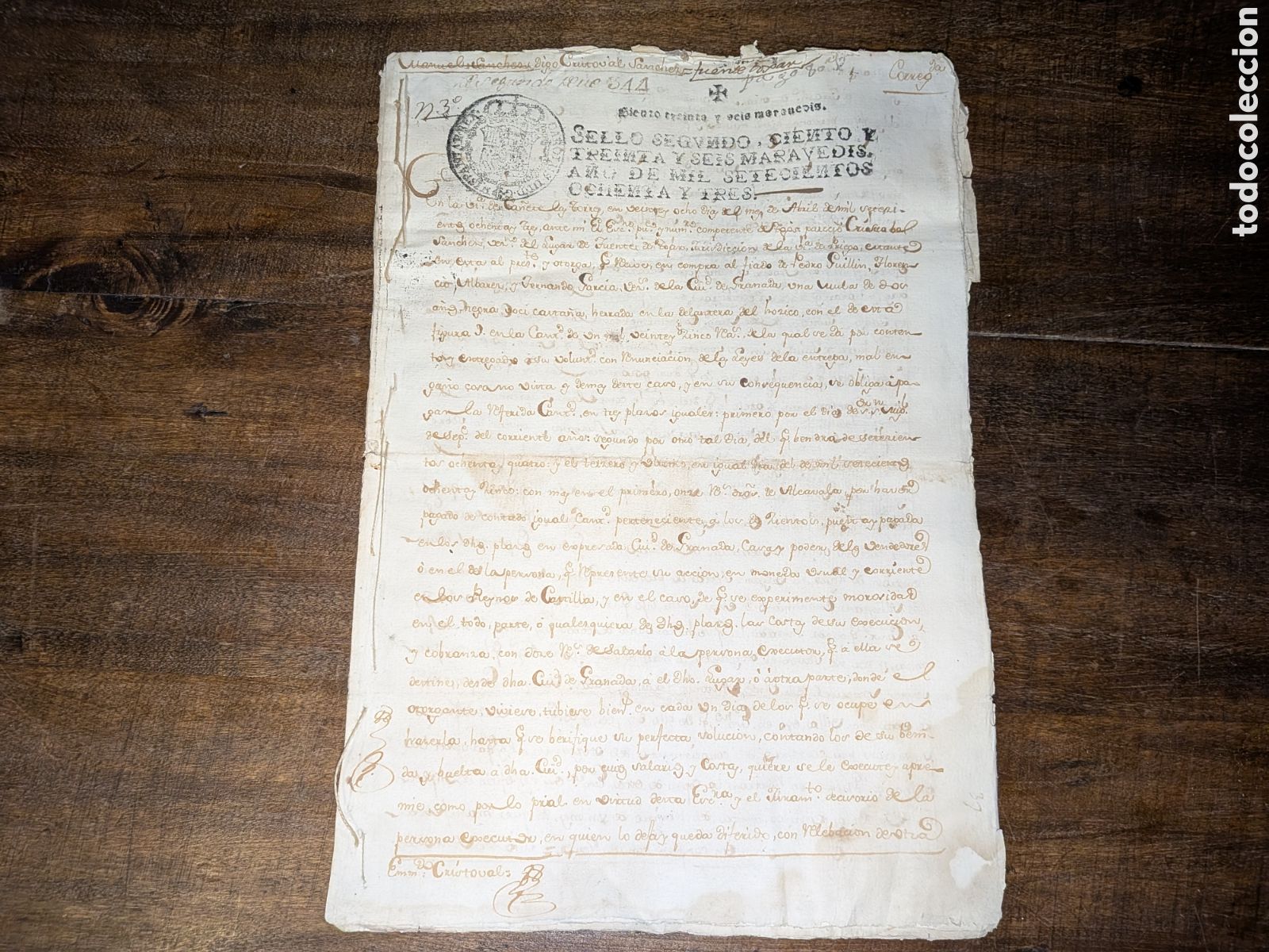 Manuscritos antiguos: Documentos en papel sellado del sello segundo y cuarto de 1783 sobre la venta al fiado de una mula