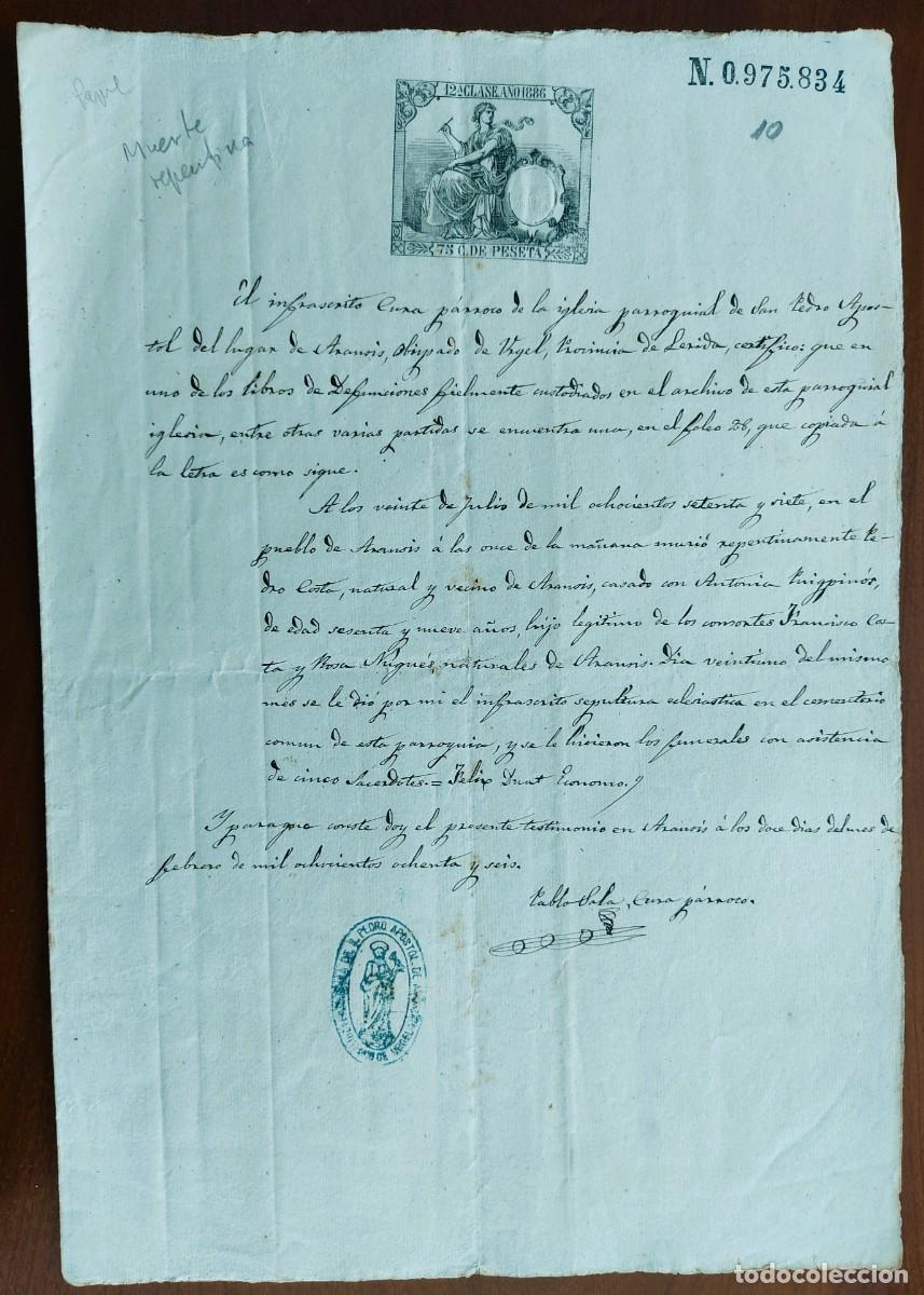 Manuscritos antiguos: ARANS&Iacute;S (LLEIDA) A&Ntilde;O 1886 - SELLO 12&ordf; CLASE 75 C. DE PESETA - CERTIFICADO IGLESIA SAN PEDRO APOSTOL