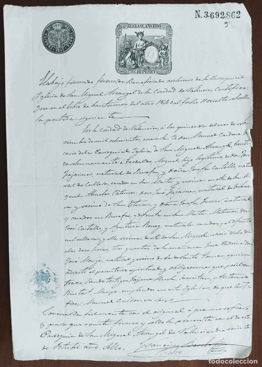Manuscritos antiguos: VALENCIA A&Ntilde;O 1890 - SELLO 12&ordf; CLASE 75 C. DE PESETA, CERTIFICADO BAUTISMO IGLESIA S. MIGUEL ARCANGEL