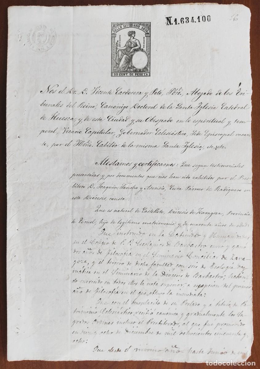 Manuscritos antiguos: HUESCA A&Ntilde;O 1876 - SELLO 11&ordm; 50 CENT. DE PESETA - AUTORIZACI&Oacute;N ECLESI&Aacute;STICA CON SELLO PEGADO
