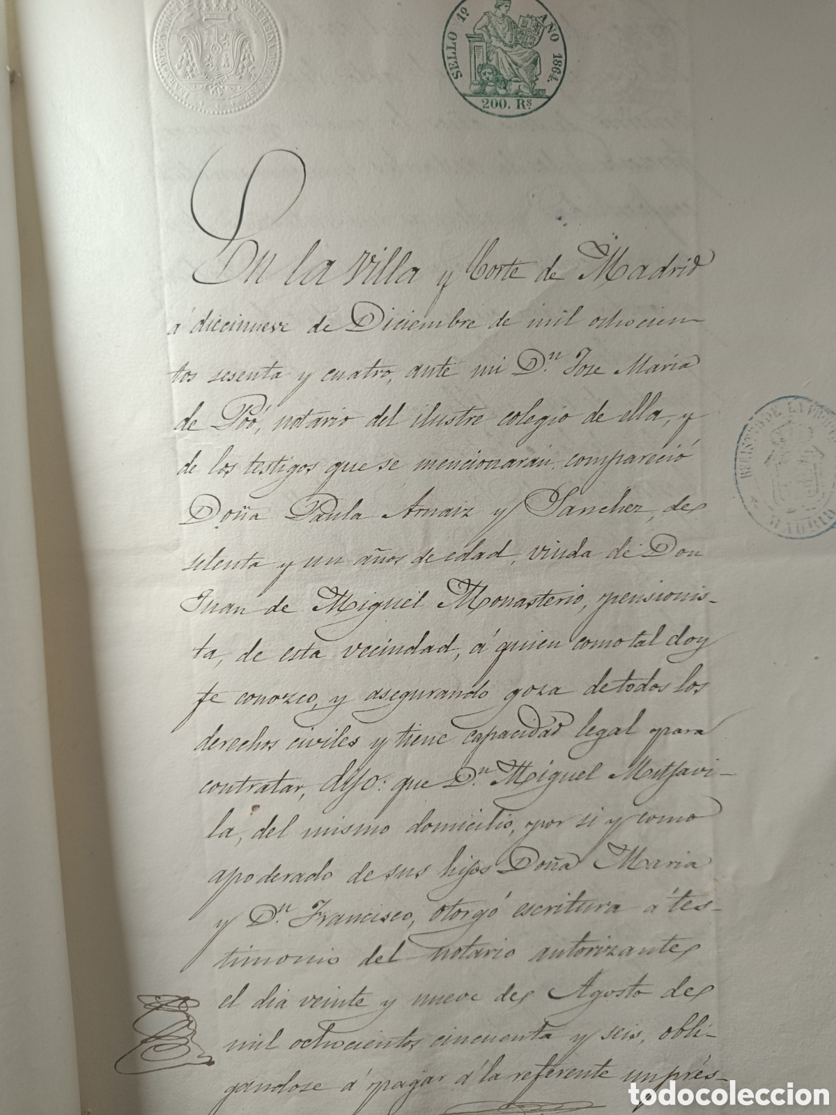 Manuscritos antiguos: MANUSCRITO 1864. ESCRITURA NOTARIAL DE CARTA DE PAGO E HIPOTECA EN CALLE MAYOR DE MADRID.