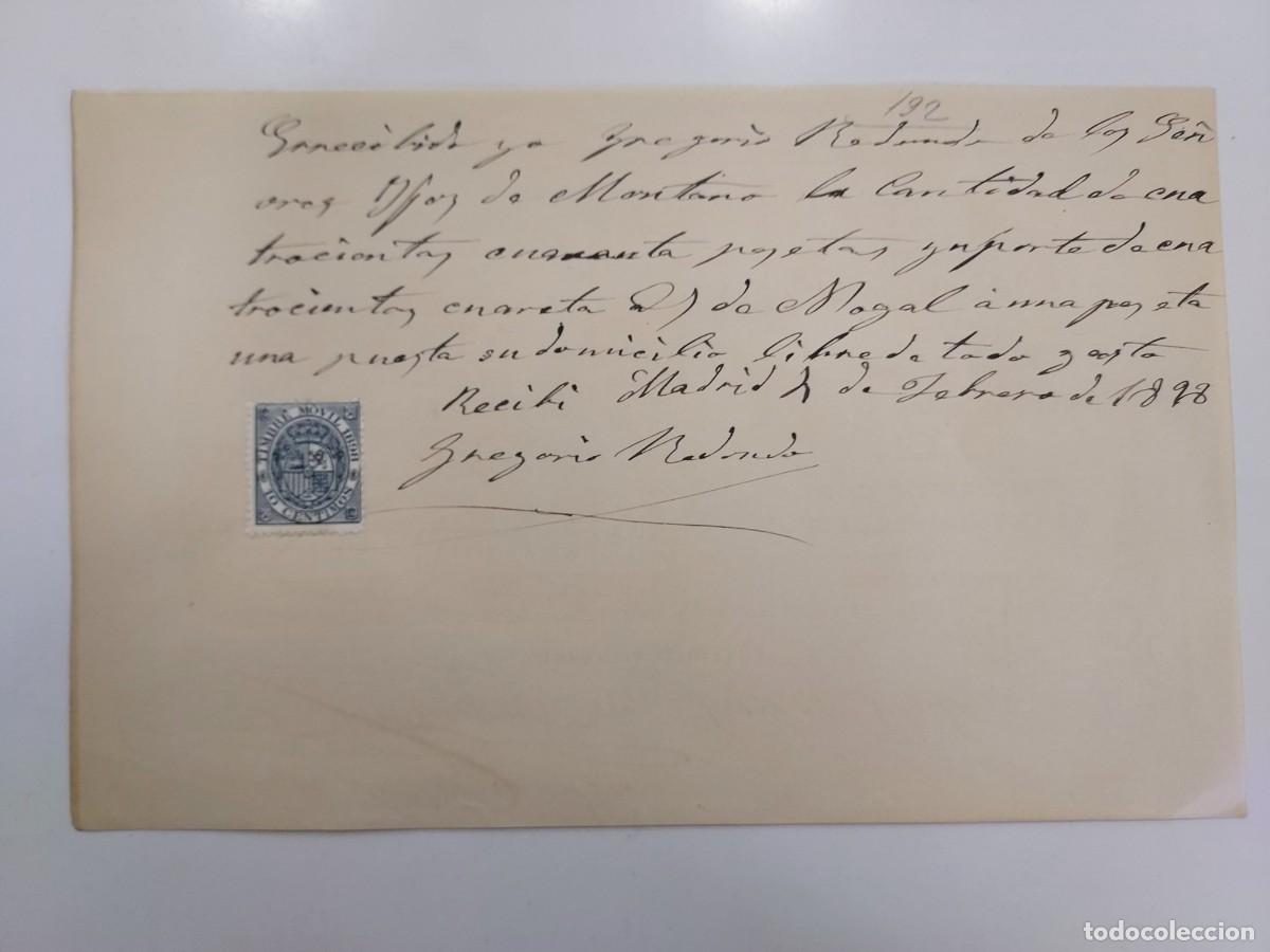 Manoscritti antichi: A&ntilde;o 1898 Madrid recibo pago Hijos de Montano a Gregorio Redondo por compra de nogal. Timbre m&oacute;vil