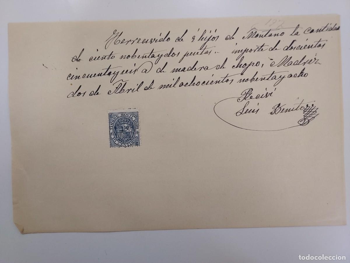 Manoscritti antichi: A&ntilde;o 1898 Madrid recibo pago Hijos de Montano a Luis Benito por compra de madera chopo. Timbre m&oacute;vil