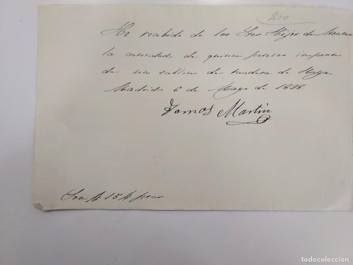 Manoscritti antichi: A&ntilde;o 1898 Madrid recibo pago Hijos de Montano a Tom&aacute;s Mart&iacute;n por compra de madera de haya