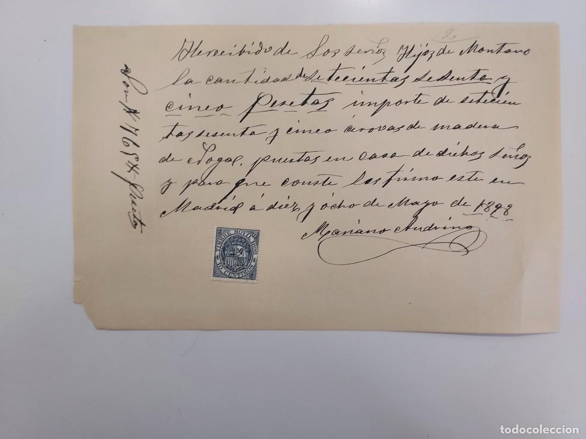 Manoscritti antichi: A&ntilde;o 1898 Madrid recibo pago Hijos de Montano a Mariano Andrino por compra de madera de nogal. Timbre