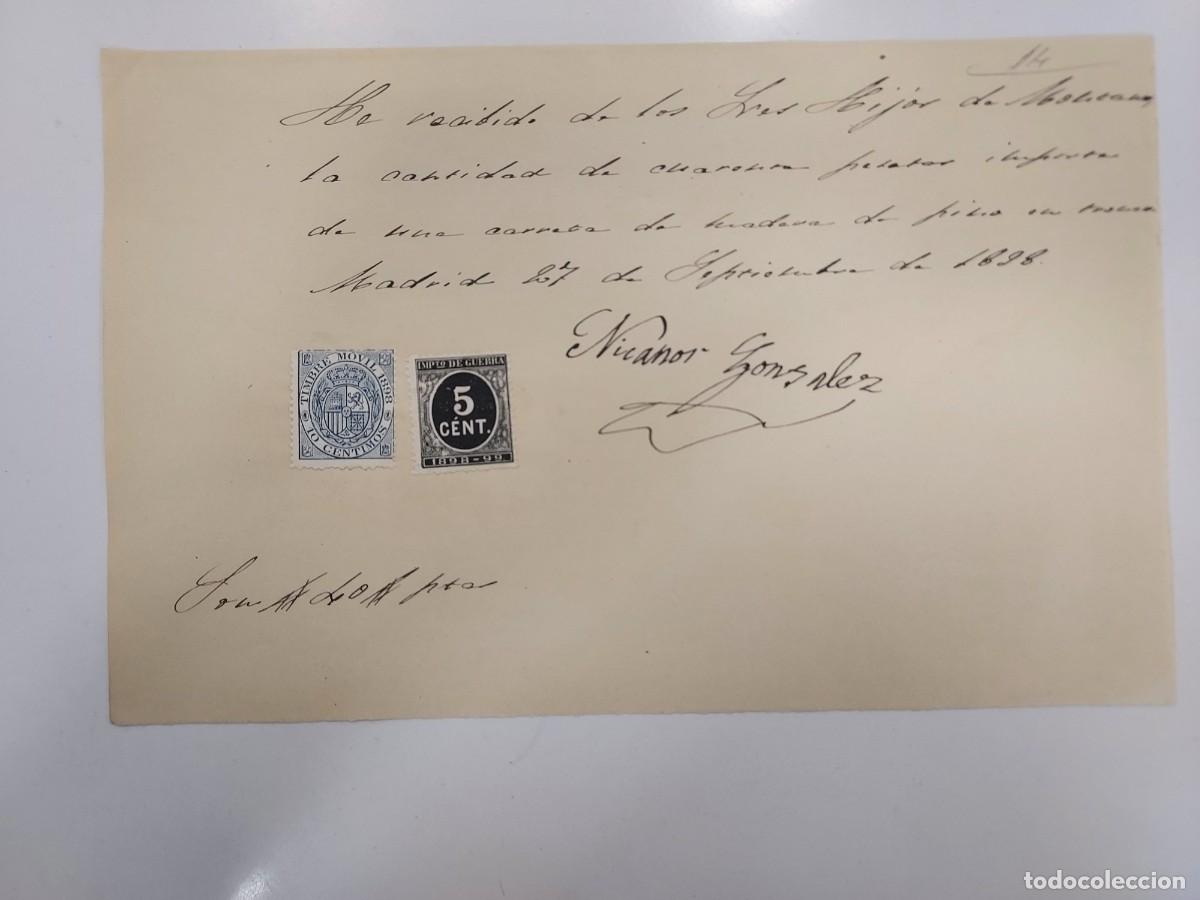 Manoscritti antichi: A&ntilde;o 1898 Madrid recibo pago Hijos de Montano a Nicanor Gonzalez por compra de madera de pino. Timbre