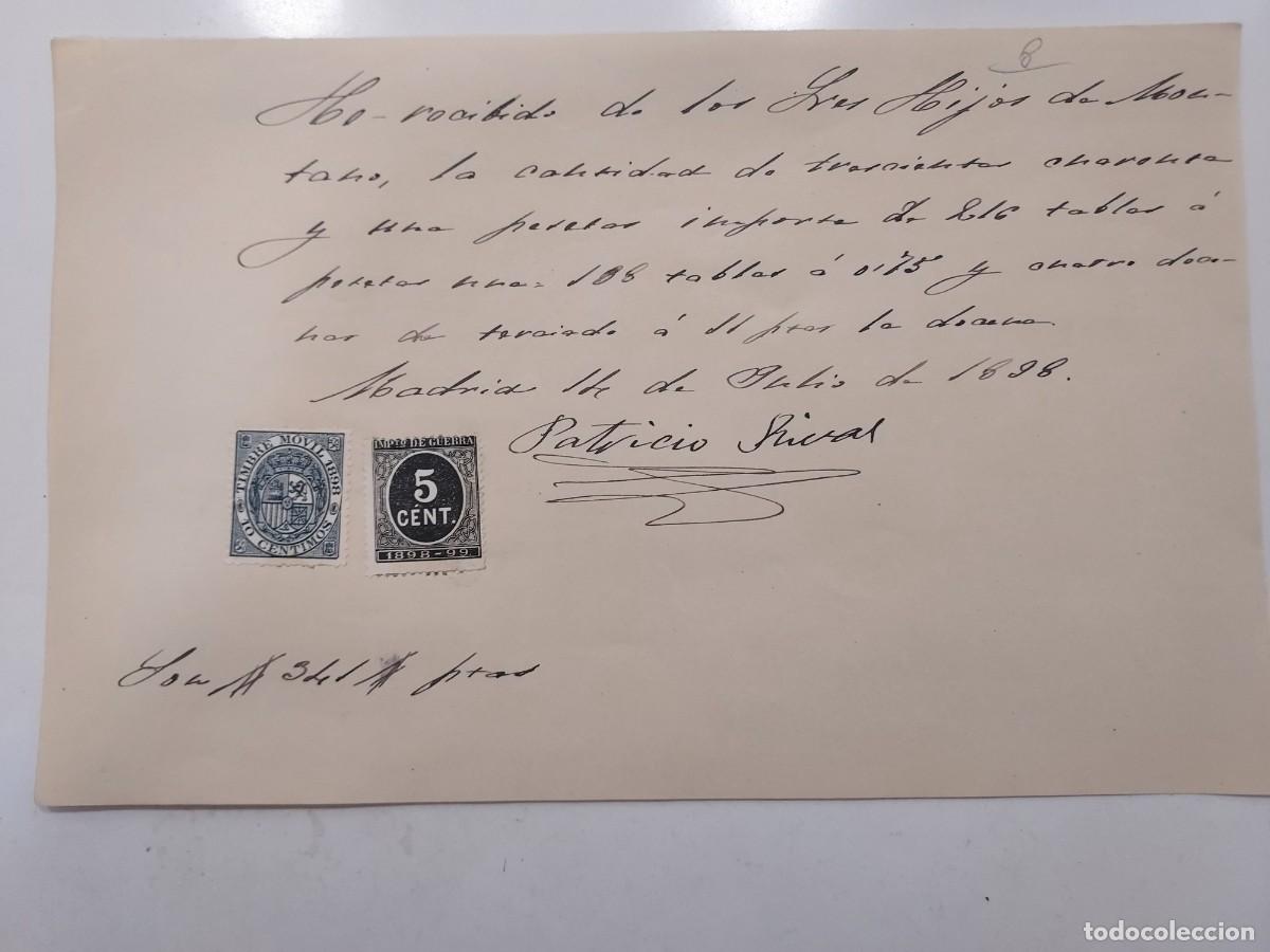 Manoscritti antichi: A&ntilde;o 1898 Madrid recibo pago Hijos de Montano a Patricio Rivas por compra de tablas. Timbre