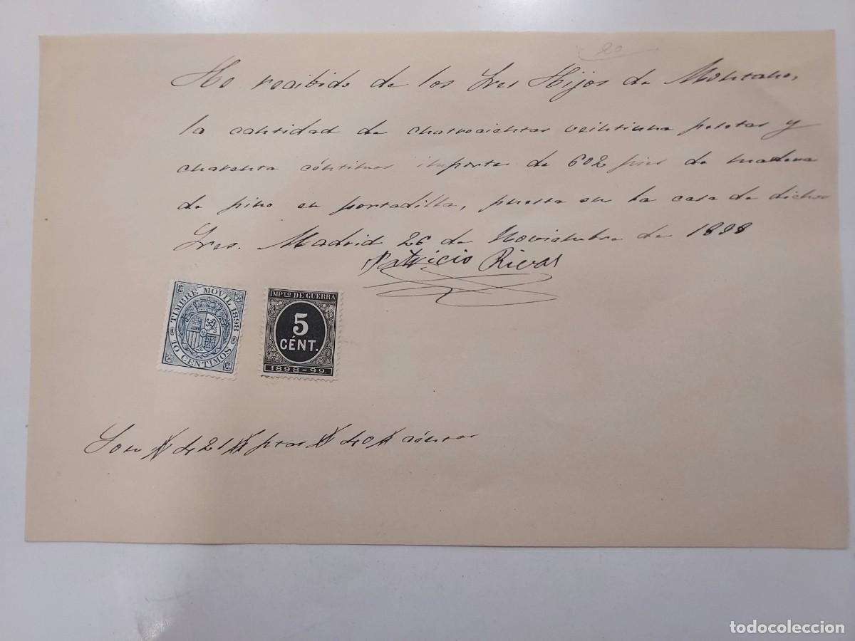 Manoscritti antichi: A&ntilde;o 1898 Madrid recibo pago Hijos de Montano a Patricio Rivas por compra de madera de pino. Timbre