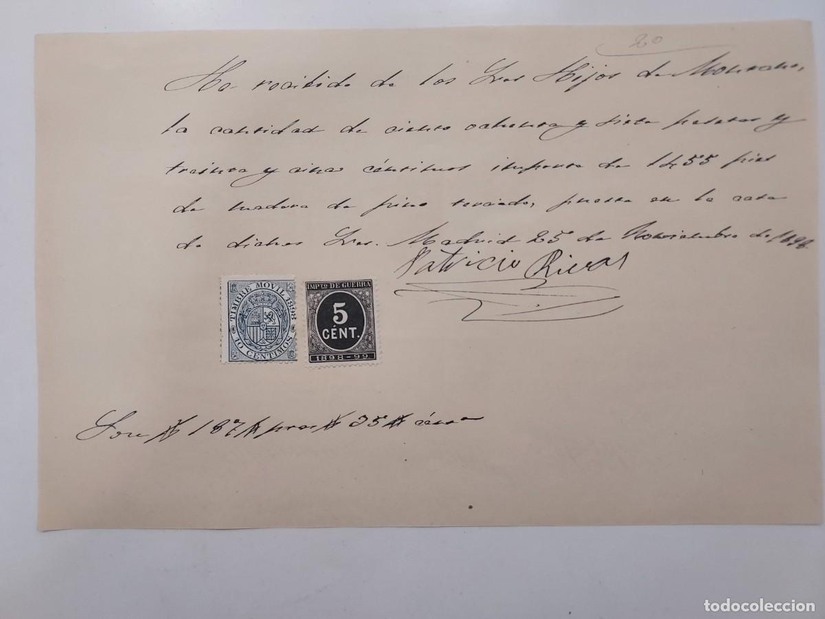 Manoscritti antichi: A&ntilde;o 1898 Madrid recibo pago Hijos de Montano a Patricio Rivas por compra de madera de pino. Timbre