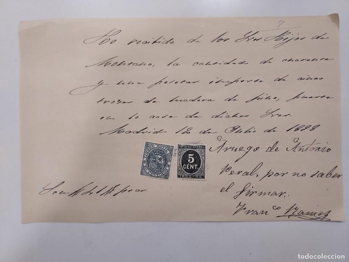 Manuscrits anciens: A&ntilde;o 1898 Madrid recibo pago Hijos de Montano a Francisco Barrio por compra madera de pino. Timbre