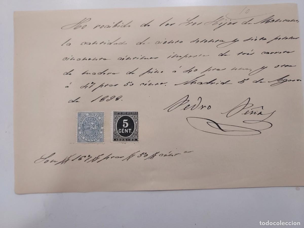 Manuscrits anciens: A&ntilde;o 1898 Madrid recibo pago Hijos de Montano a Pedro Pe&ntilde;a por compra madera de pino. Timbre movil