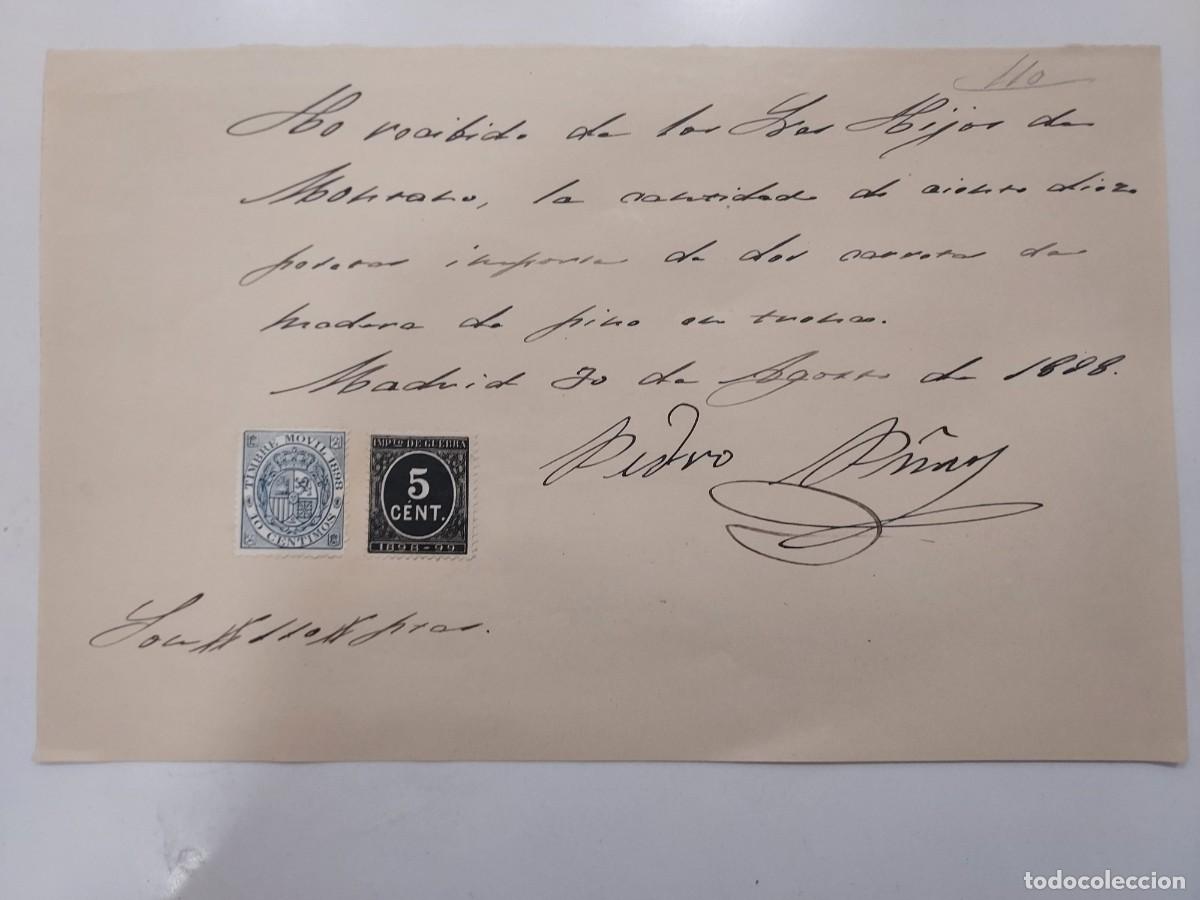 Manuscritos antiguos: A&ntilde;o 1898 Madrid recibo pago Hijos de Montano a Pedro Pe&ntilde;a por compra madera de pino. Timbre movil