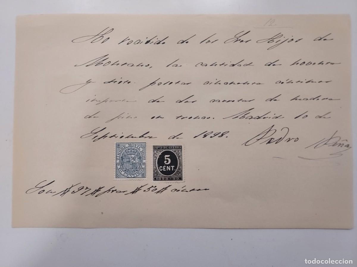 Manuscritos antiguos: A&ntilde;o 1898 Madrid recibo pago Hijos de Montano a Pedro Pe&ntilde;a por compra madera de pino. Timbre movil