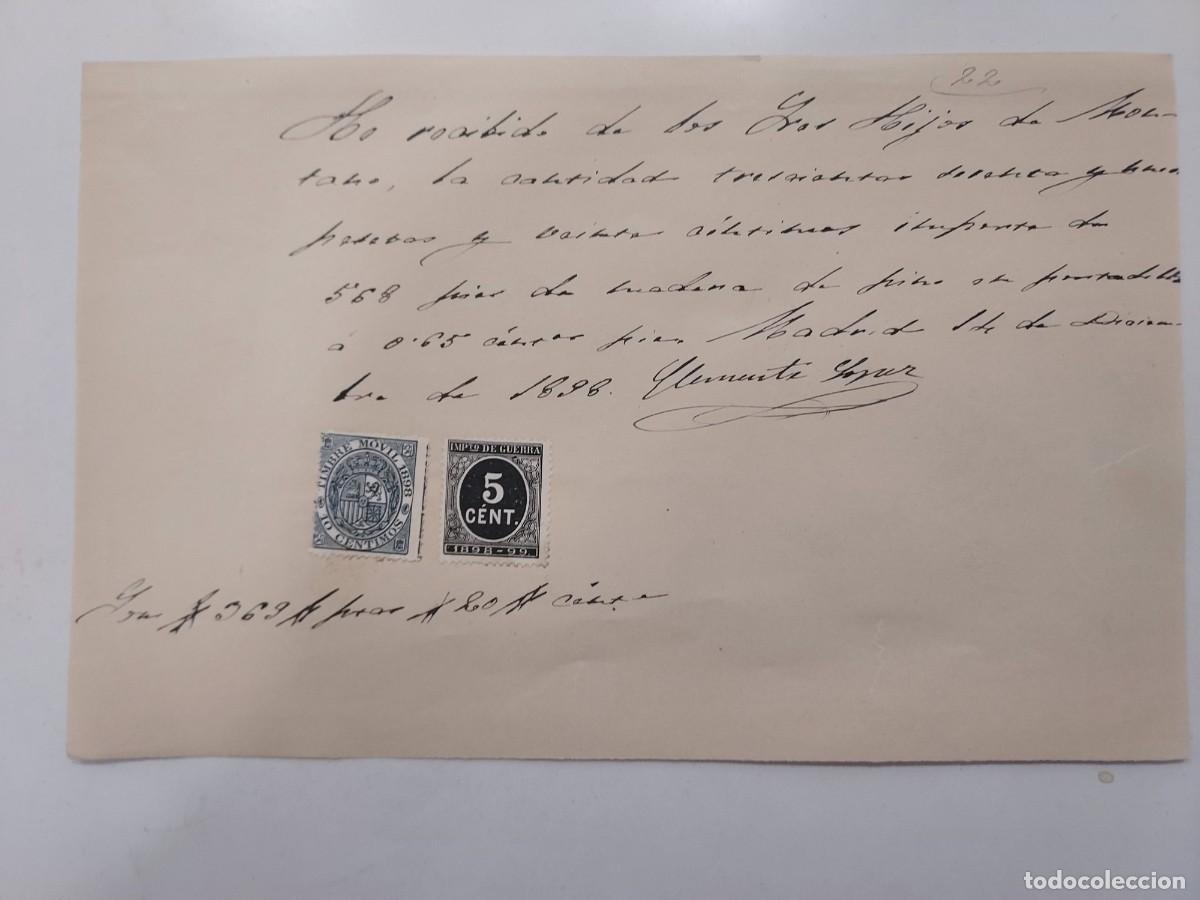Manuscritos antiguos: A&ntilde;o 1898 Madrid recibo pago Hijos de Montano a Clemente Lopez por compra madera pino. Timbre movil
