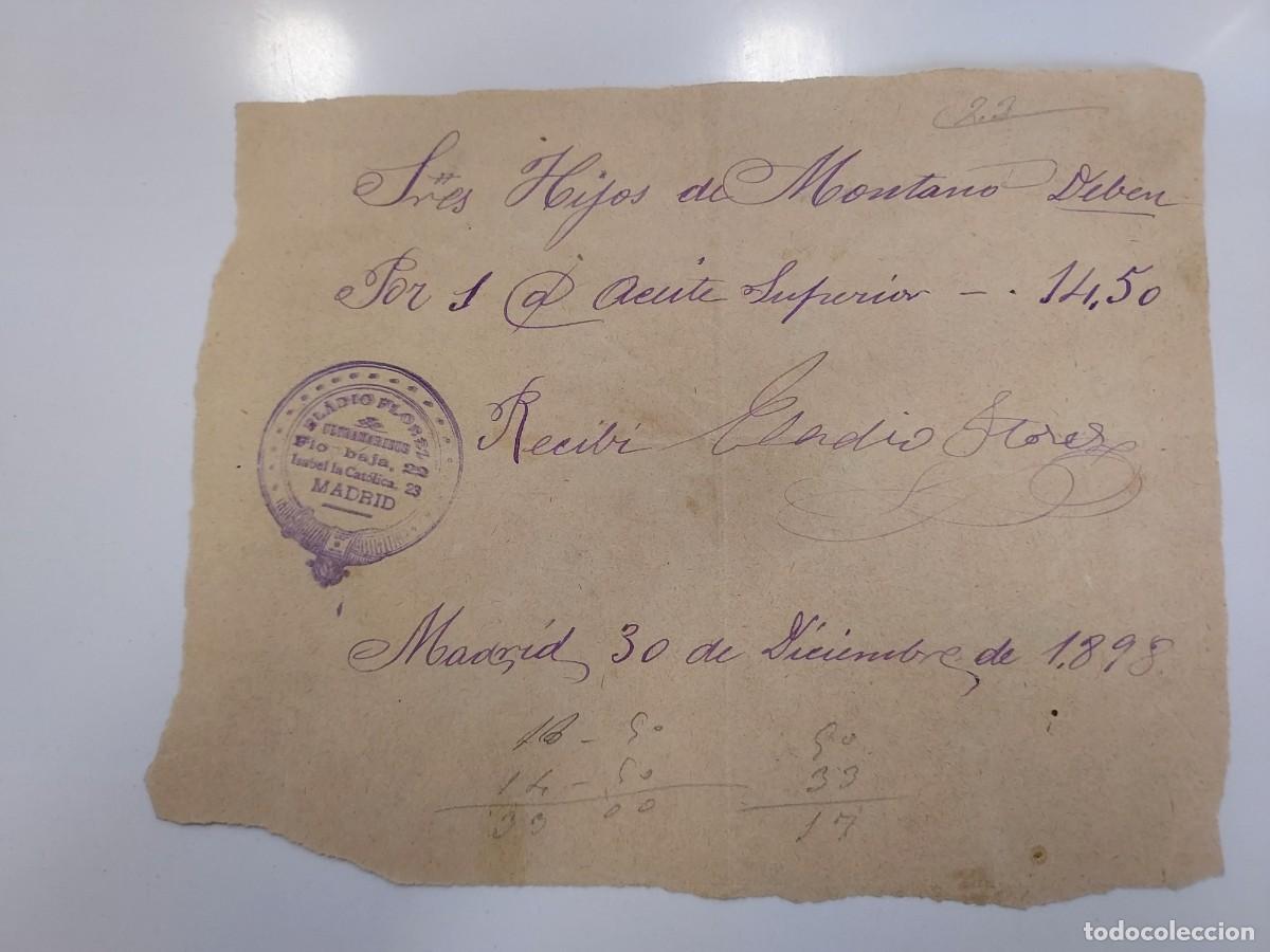Manuscritos antiguos: A&ntilde;o 1898 Madrid recibo pago Hijos de Montano a Ultramarinos Eladio Florez calle Flor Baja
