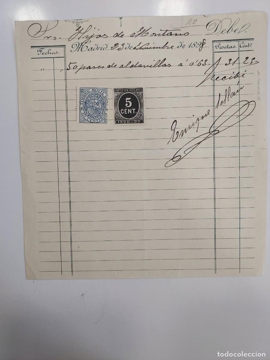 Manuscritos antiguos: A&ntilde;o 1898 Madrid recibo pago Hijos de Montano a Enrique Sell&aacute;n, firmada. Aldavillas