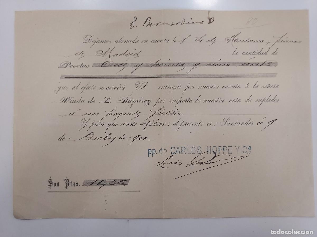 Manuscritos antiguos: A&ntilde;o 1900 Santander recibo pago a Hijos de Montano pianos por Carlos Hoppe, vda L. Ram&iacute;rez