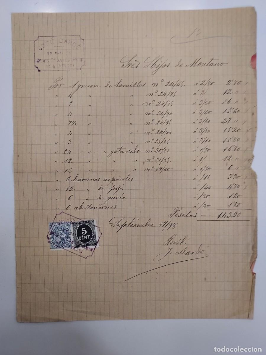 Manuscritos antiguos: A&ntilde;o 1898 recibo pago Hijos de Montano a Jos&eacute; Darde (Ferreter&iacute;a), firmada