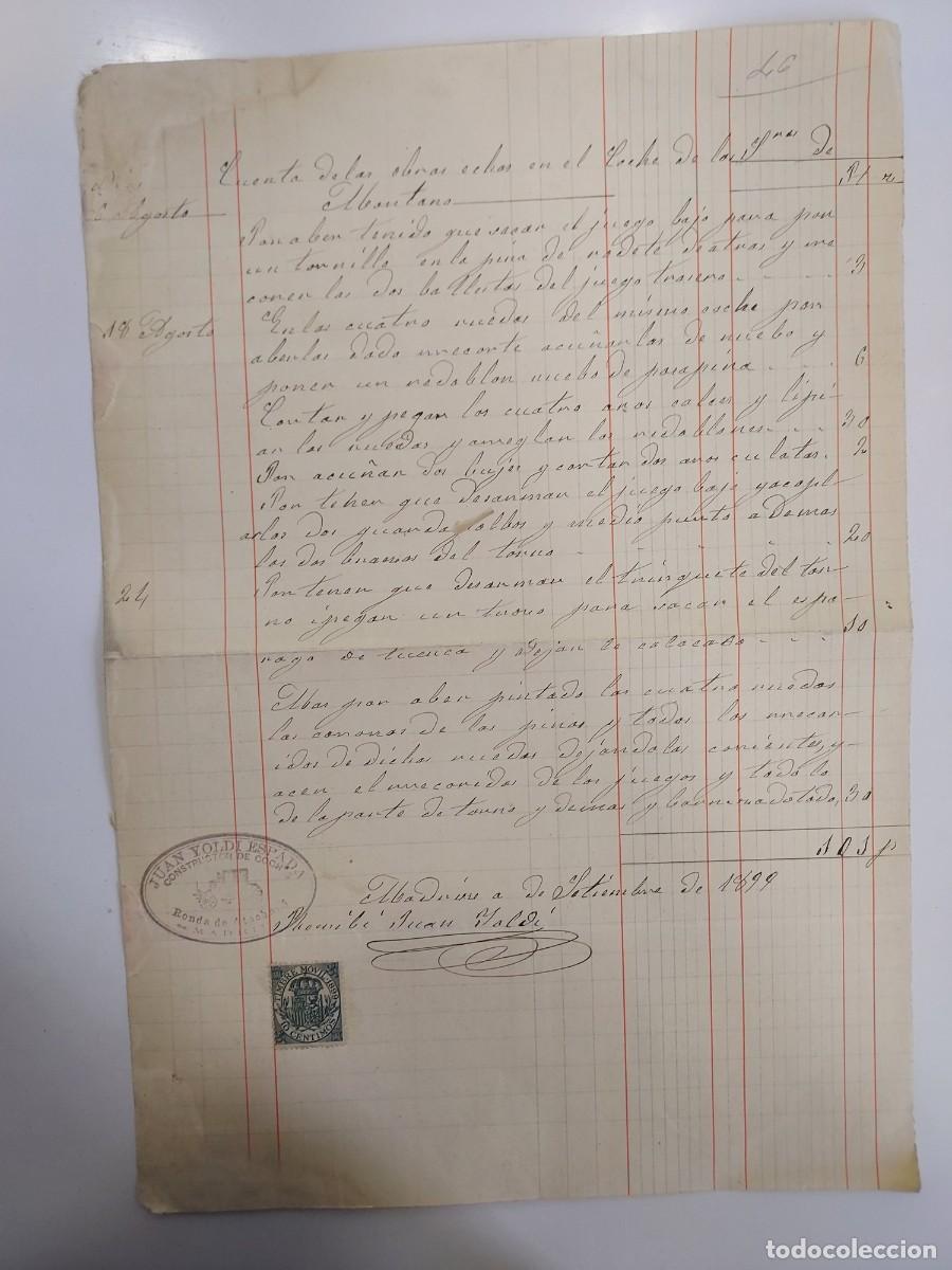 Manuscritos antiguos: A&ntilde;o 1899 Madrid recibo pago Sra. de Montano a Juan Yoldi Espada constructor coches, carruajes Atoch