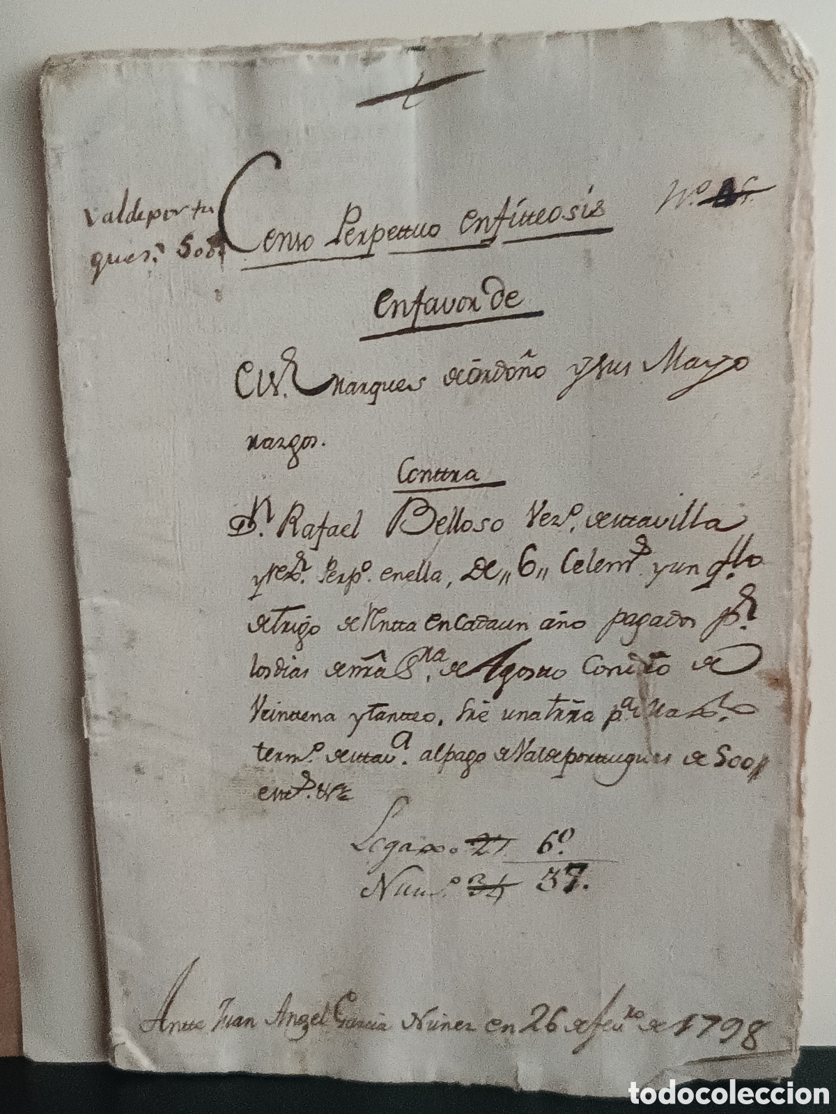 Manuscritos antiguos: MANUSCRITO 1798 CENSO ENFITE&Uacute;TICO PERPETUO. MARQU&Eacute;S DE ORDO&Ntilde;O vs. BELLOSO. MEDINA DEL CAMPO.