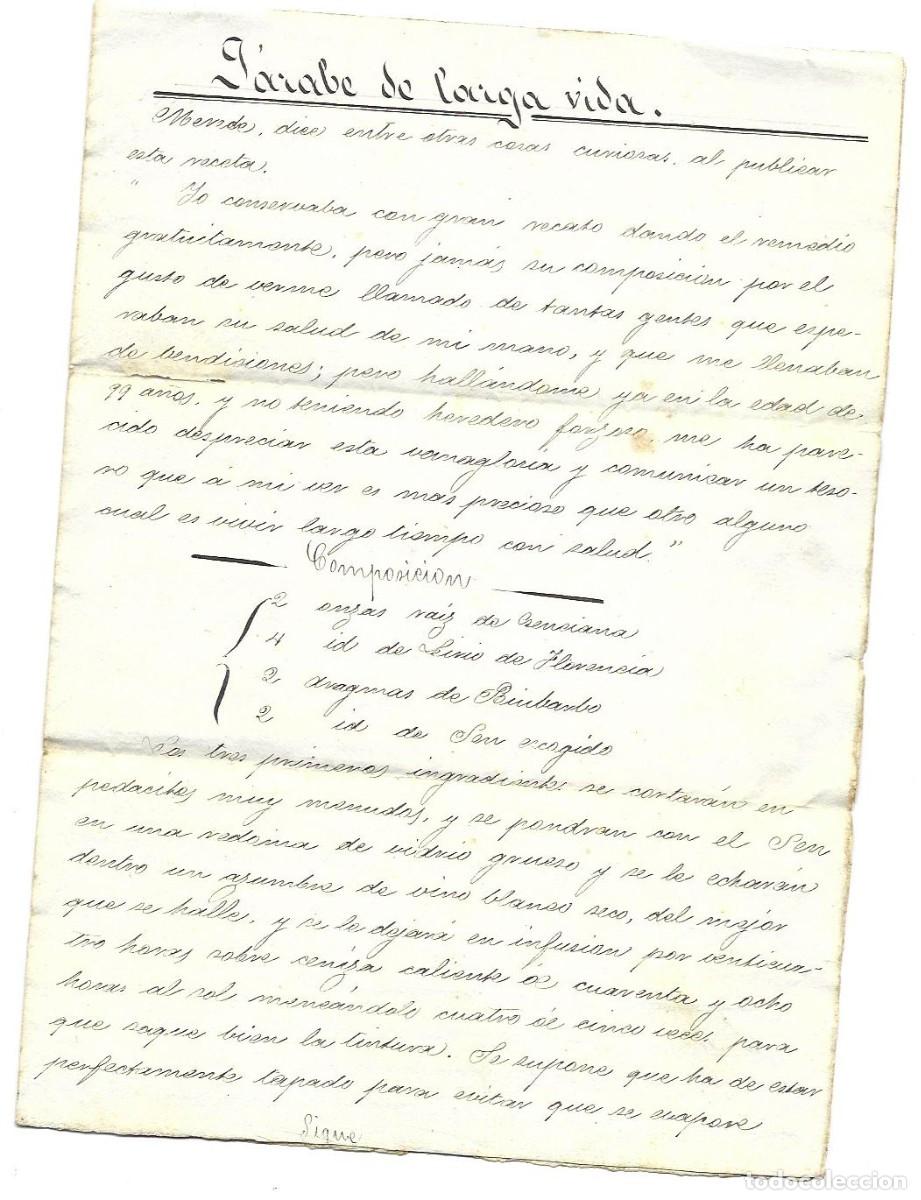 Manuscritos antiguos: Documento tr&iacute;ptico manuscrito &rdquo;Jarabe de larga vida&rdquo;. Sin fecha, prob. finales s. XIX