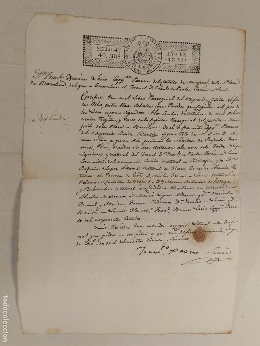Manuscritos antiguos: DOCUMENTO ANTIGUO MANUSCRITO - PARROCO CASTILLO DE MONJUICH BARCELONA - A&Ntilde;O 1835 - SELLADO