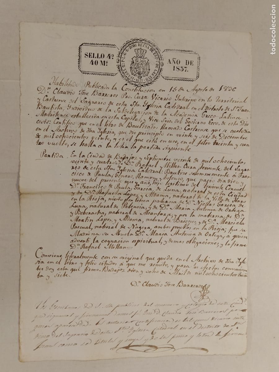 Manuscritos antiguos: DOCUMENTO ANTIGUO MANUSCRITO CON SELLO - CLAUDIO JOSE BARRENOS - A&Ntilde;O 1837 -VER FOTOS