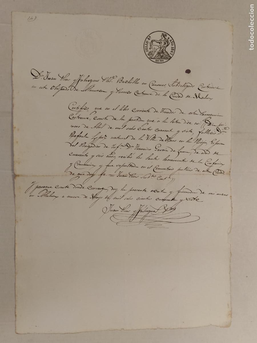 Manuscritos antiguos: DOCUMENTO ANTIGUO MANUSCRITO CON SELLO - JUAN PONS Y FABREGAS - A&Ntilde;O 1847 - MENORCA MAHON