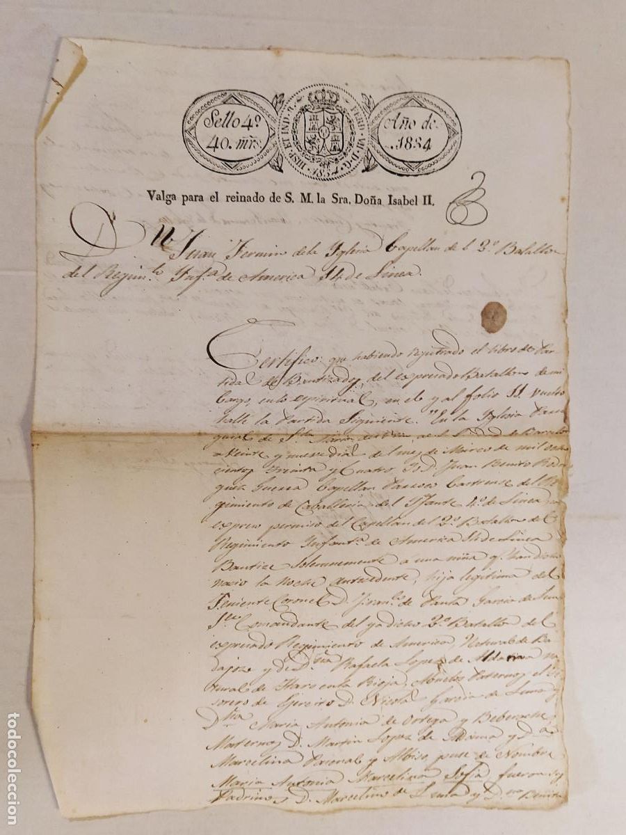 Manuscritos antiguos: DOCUMENTO ANTIGUO MANUSCRITO CON SELLO - A&Ntilde;O 1834 - BATALLON REGIMIENTO IFANTERIA DE AMERICA