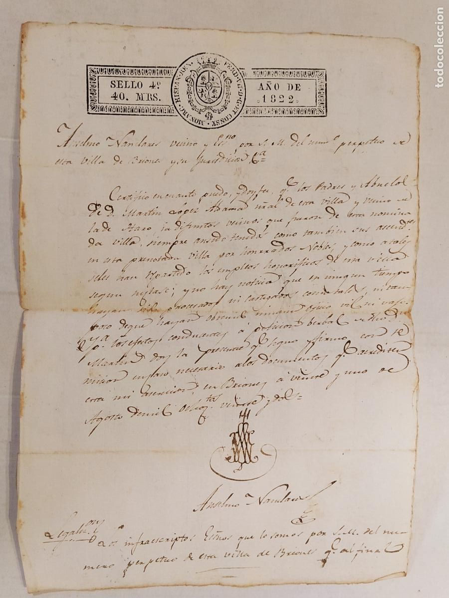 Manuscritos antiguos: DOCUMENTO ANTIGUO MANUSCRITO CON SELLO - A&Ntilde;O 1822 - ANSELMO NANCLARES - VILLA DE BRIONES