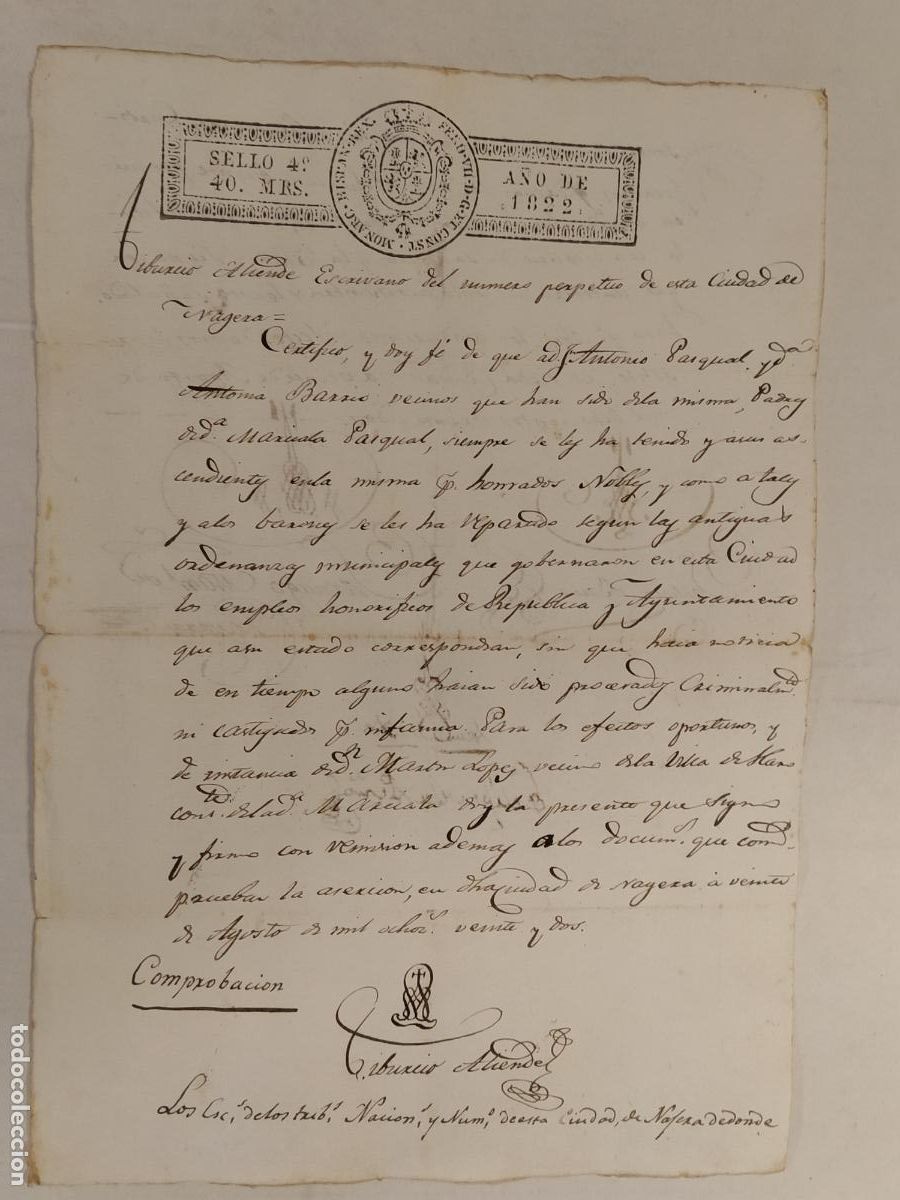 Manuscritos antiguos: DOCUMENTO ANTIGUO MANUSCRITO CON SELLO - A&Ntilde;O 1822 - TIBURCIO ALIENDE - ESCRIBANO DE NAJERA