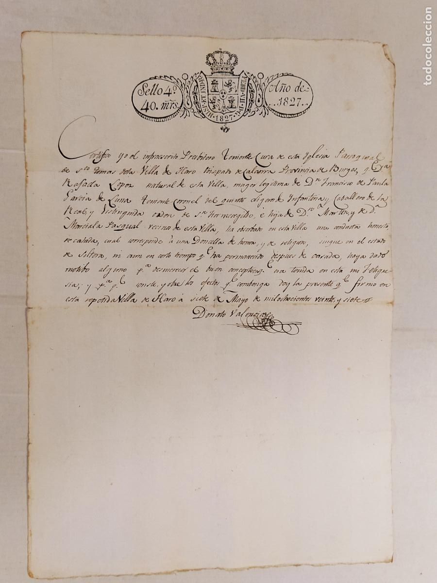 Manuscritos antiguos: DOCUMENTO ANTIGUO MANUSCRITO CON SELLO - A&Ntilde;O 1827 - DONATO VALENCIA - VILLA DE HARO