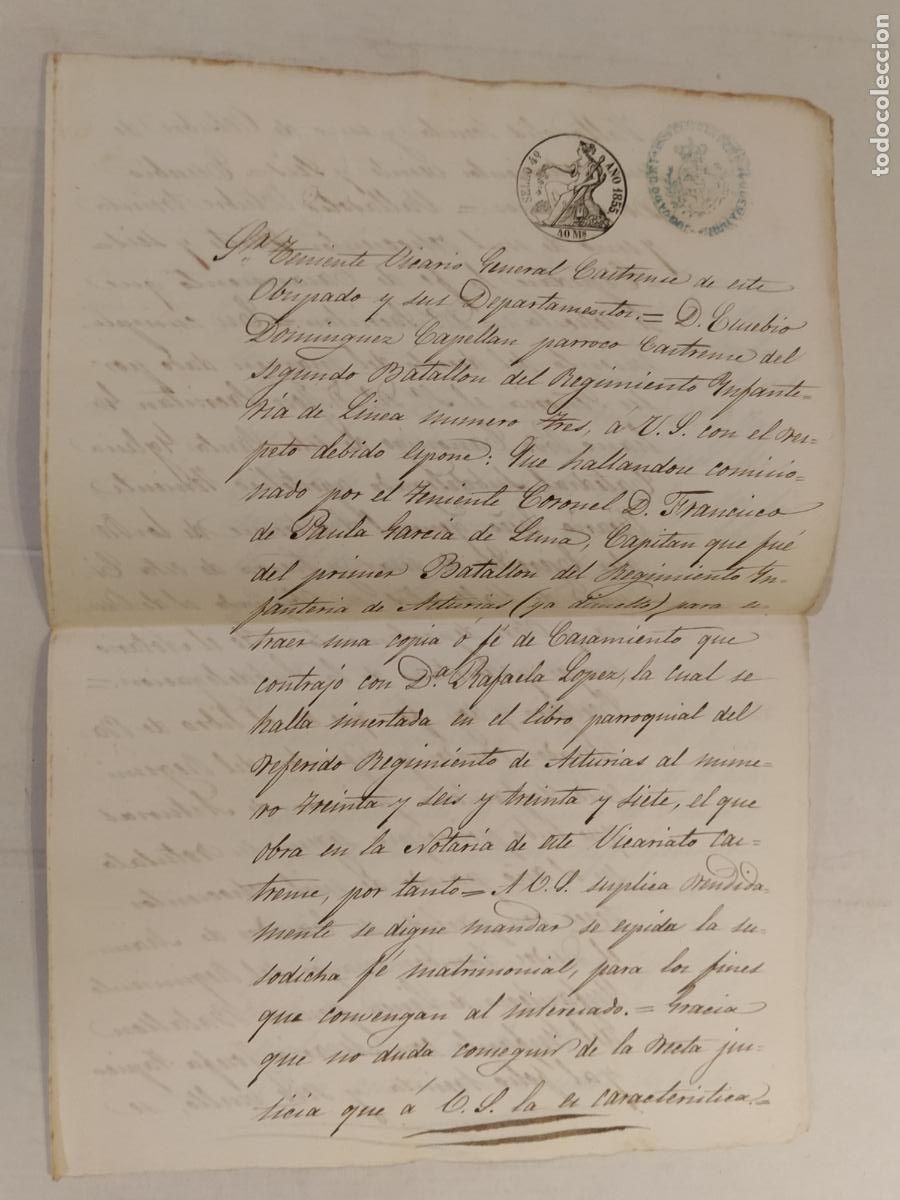 Manuscritos antiguos: DOCUMENTO ANTIGUO MANUSCRITO CON SELLO - A&Ntilde;O 1855 - VALLADOLID - TENIENTE VICARIO GENERAL CASTRENSE