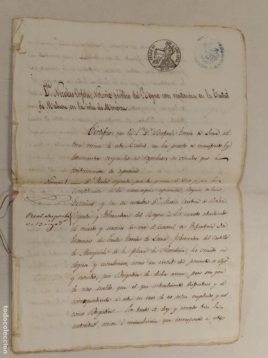 Manuscritos antiguos: DOCUMENTO ANTIGUO MANUSCRITO CON SELLO - A&Ntilde;O 1855 - MAHON - NICOLAS ORFILA - MENORCA