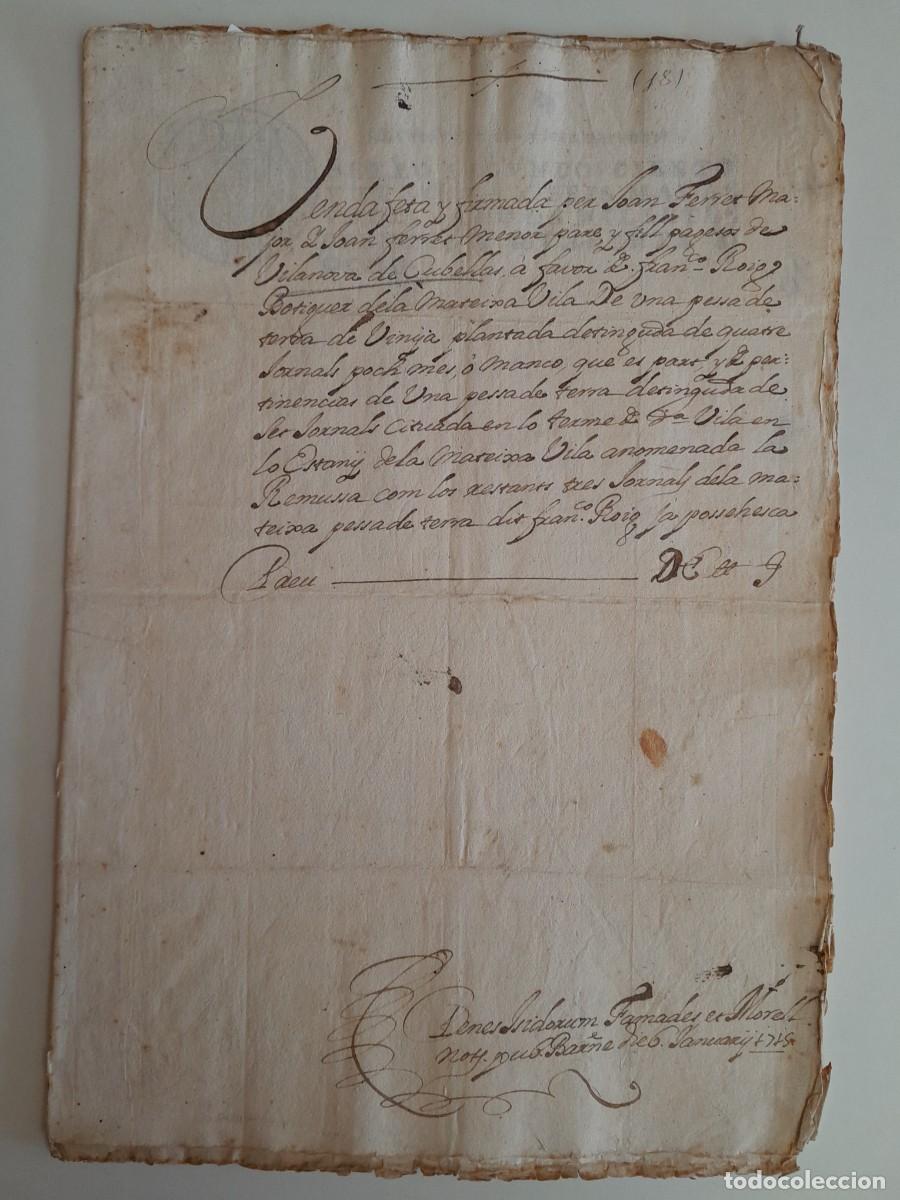 Manuscritos antiguos: MANUSCRITO ACTA DE VENTA DE UNA VI&Ntilde;A A FAVOR DE FRANCISCO ROIG EN VILANOVA DE CUBELLS (6 ENERO 1715)
