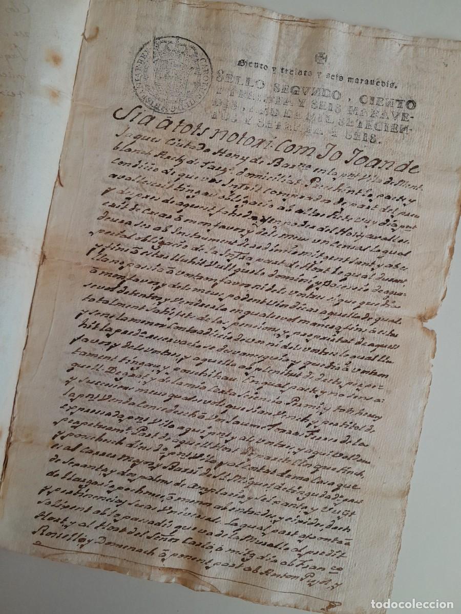 Manuscritos antiguos: PAPEL TIMBRADO SELLO SEGUNDO MANUSCRITO VENTA HUERTO A JAUME TORNAS FERRER (MONTBLANC, 24 MAYO 1776)