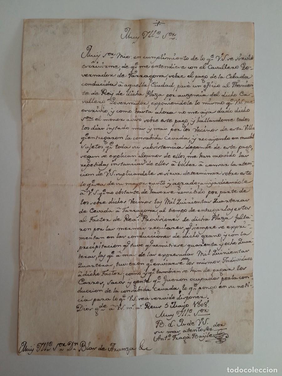 Manuscritos antiguos: COMUNICACI&Oacute;N DEL CUMPLIMIENTO SOBRE EL PAGO DE LA CEBADA EN REUS (5 MAYO 1808)