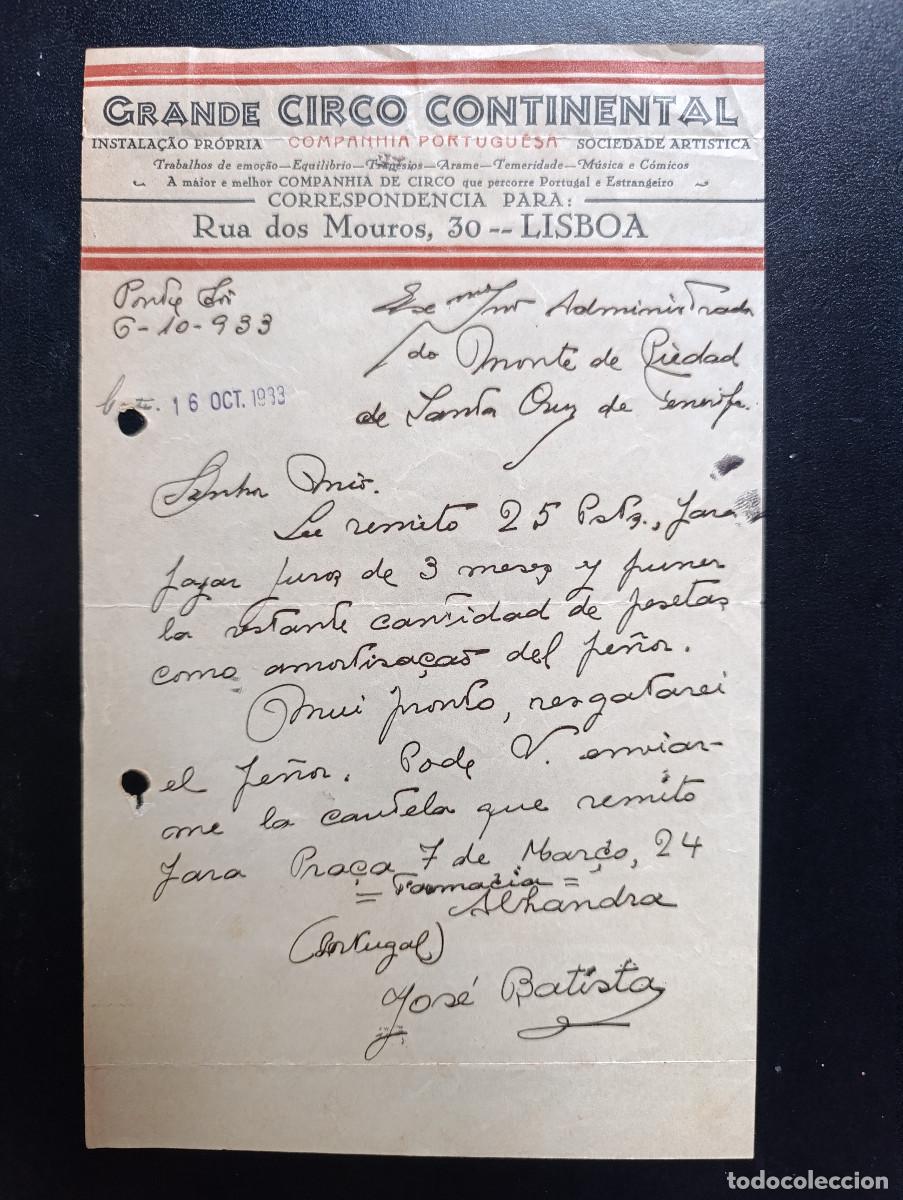 Manuscritos antiguos: SEGUNDA REPUBLICA. CARTA MANUSCRITA GRANDE CIRCO CONTINENTAL-COMPANNIA PORTUGUESA. A&Ntilde;O 1933