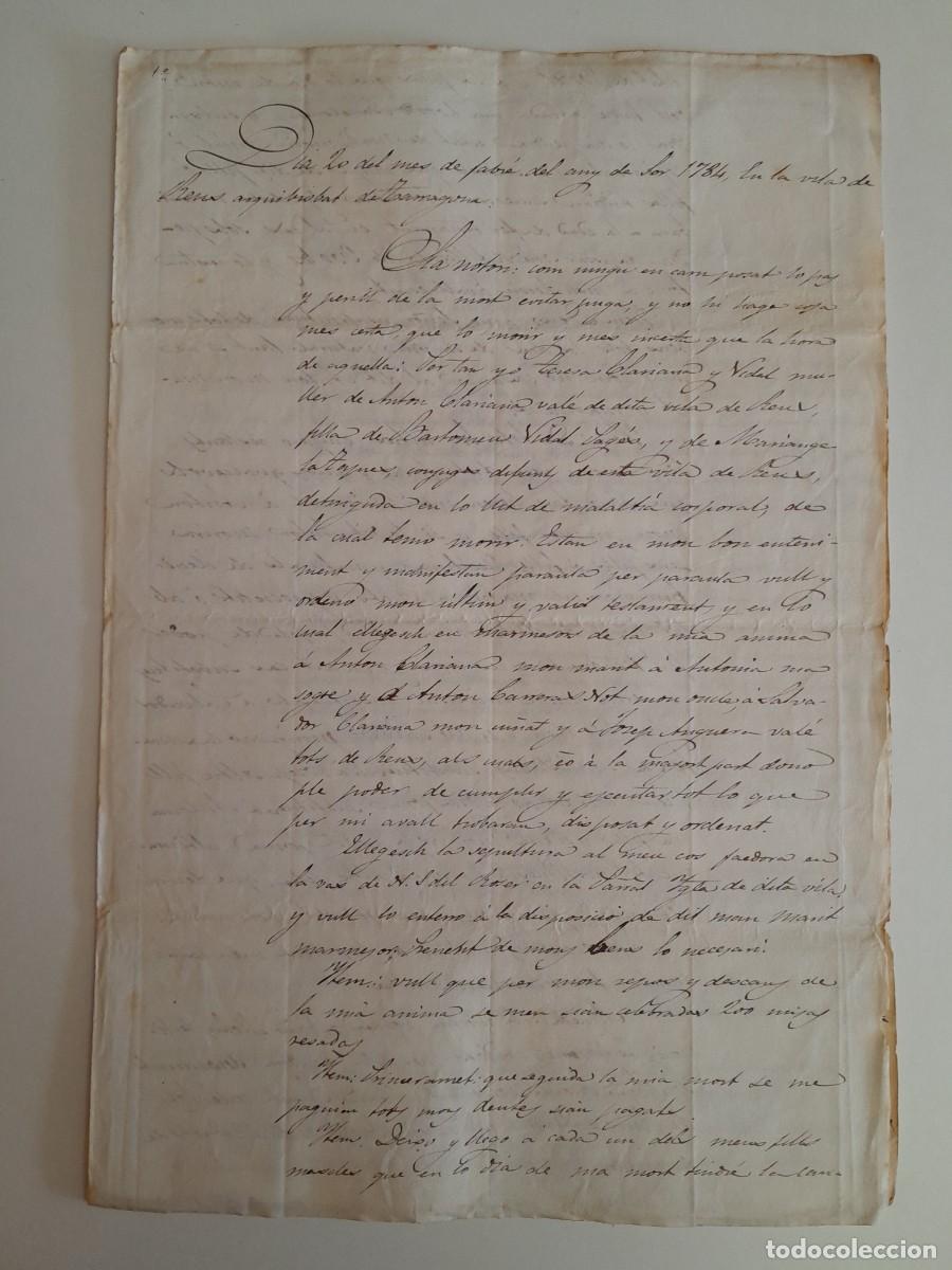 Manuscritos antiguos: TESTAMENTO DE TERESA VIDAL DE CLARIANA (REUS, 20 FEBRERO 1784)