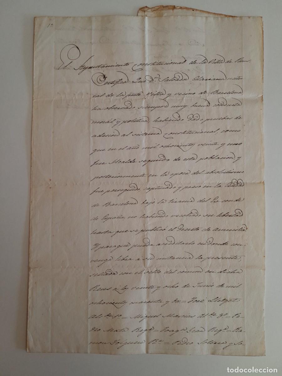 Manuscritos antiguos: CERTIFICADO DE BUENA CONDUCTA A FAVOR DE SALVADOR CLARIANA (REUS, 28 JUNIO 1842)